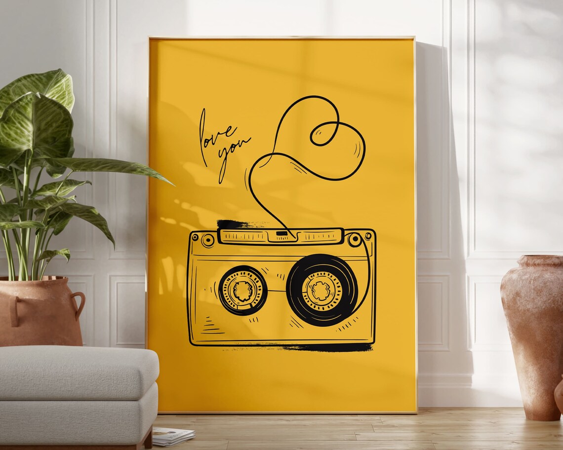 Yellow Retro Cassette Tape Vintage Music Art Print