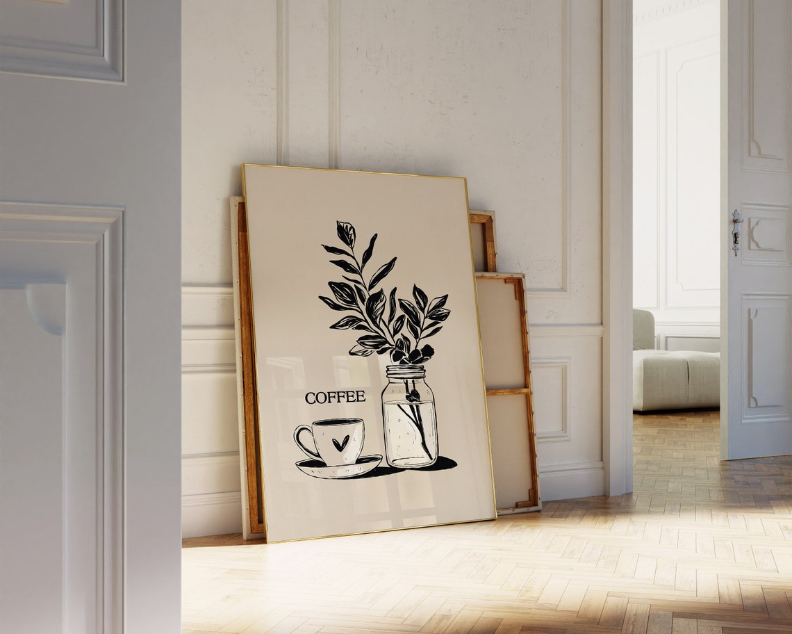 Coffee Cup and Mason Jar Black Ink Botanical Kitchen Art Poster