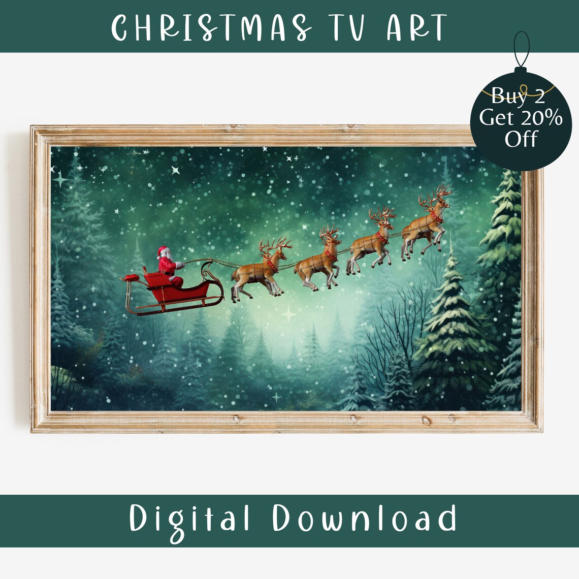 Santa Claus Reindeer Sleigh Flying Snowy Forest Night Frame TV Art - Image 2
