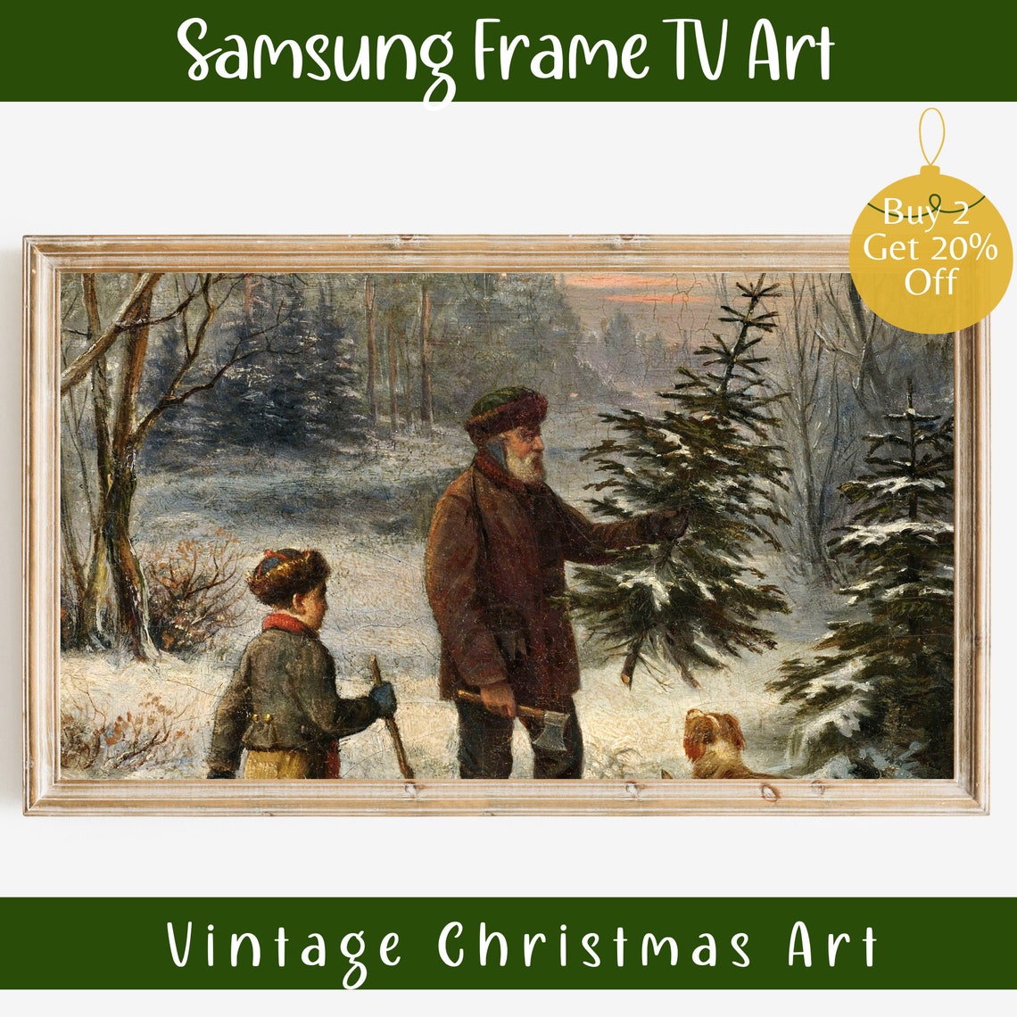 Vintage Painting Family Cutting Christmas Tree Snow Forest Frame Print
