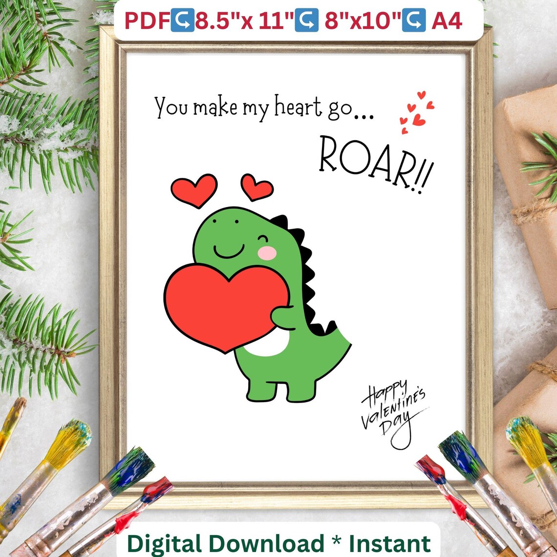 You Make My Heart Go Roar Dinosaur Handprint Craft Valentine Poster - Image 2