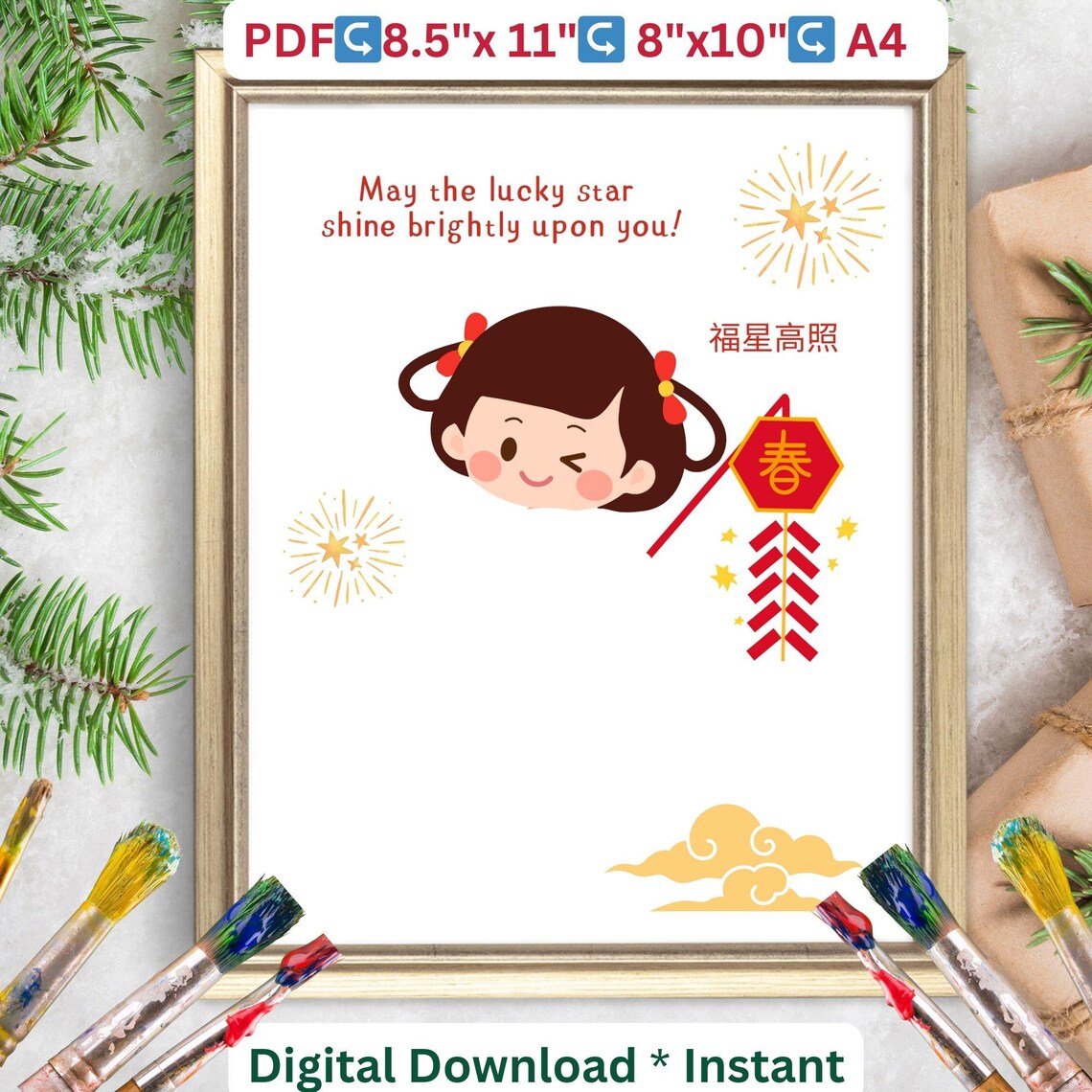 Lunar New Year Lucky Star Girl Handprint Art Kids Craft Poster - Image 2