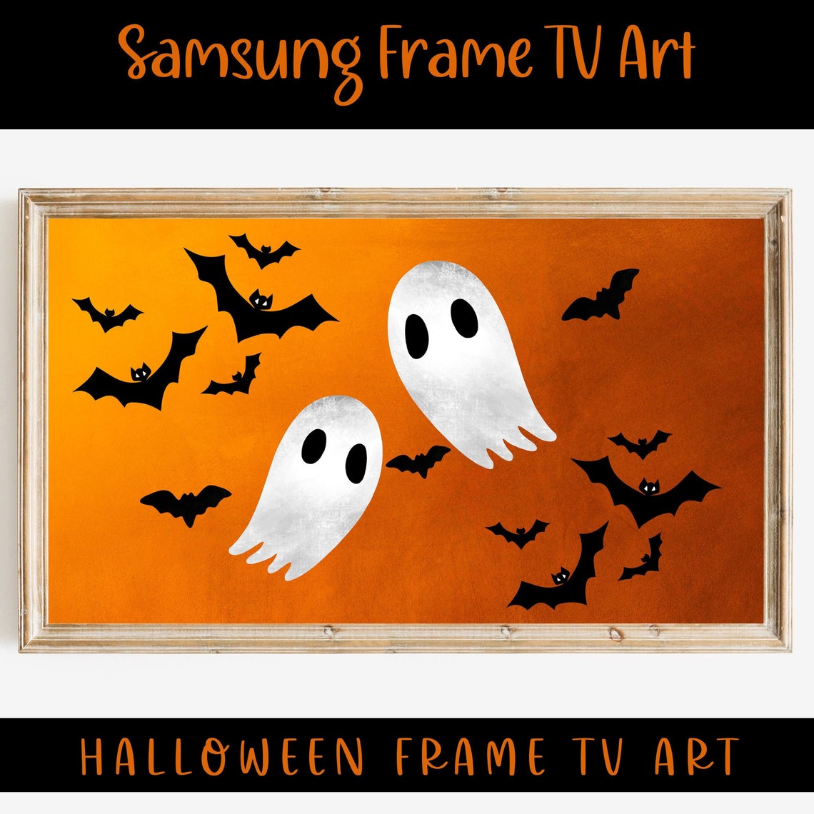 Halloween Frame TV Art Cute Ghosts Bats Orange Watercolor Spooky Print