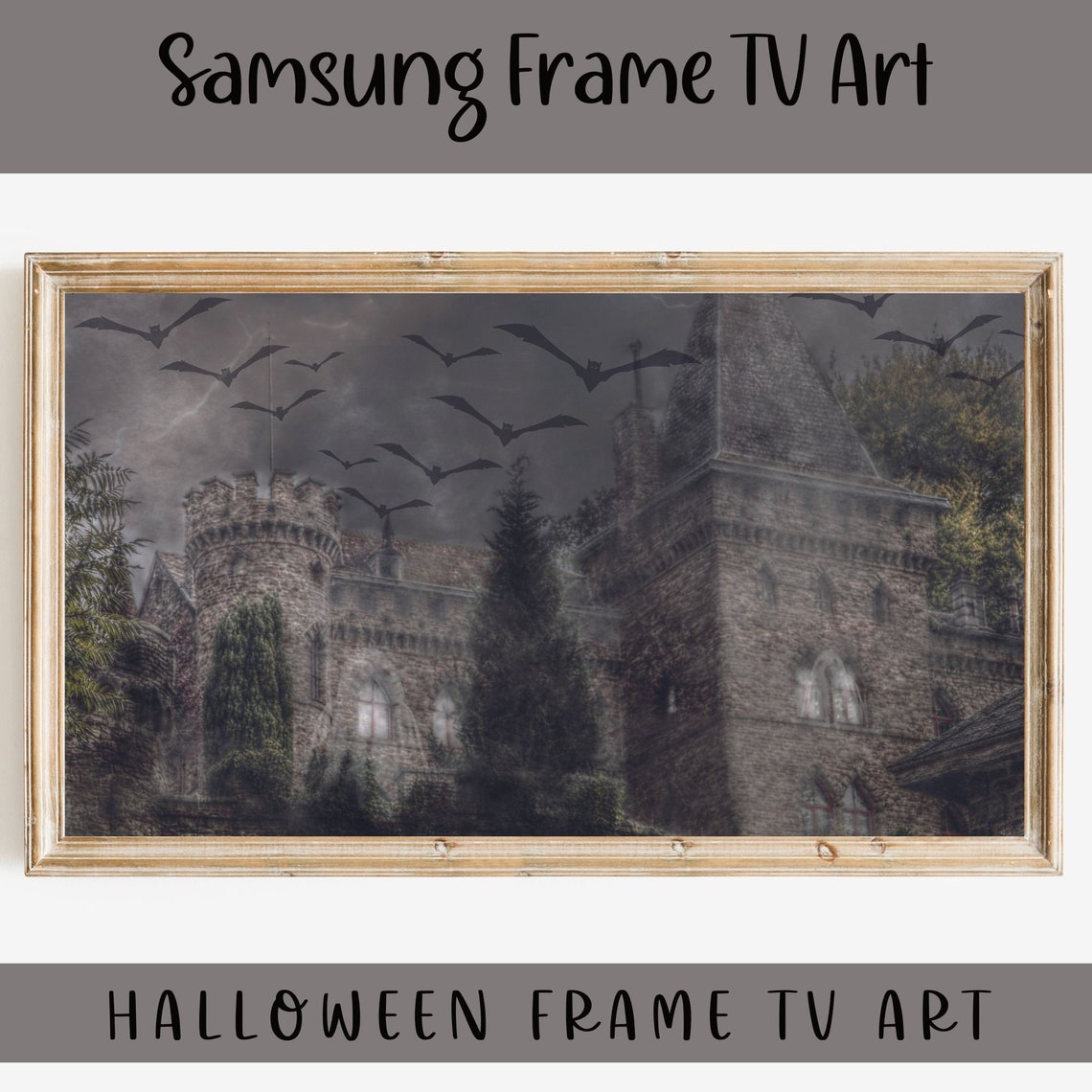 Halloween Haunted Castle Bats Stormy Sky Vintage Spooky Wall Art Print