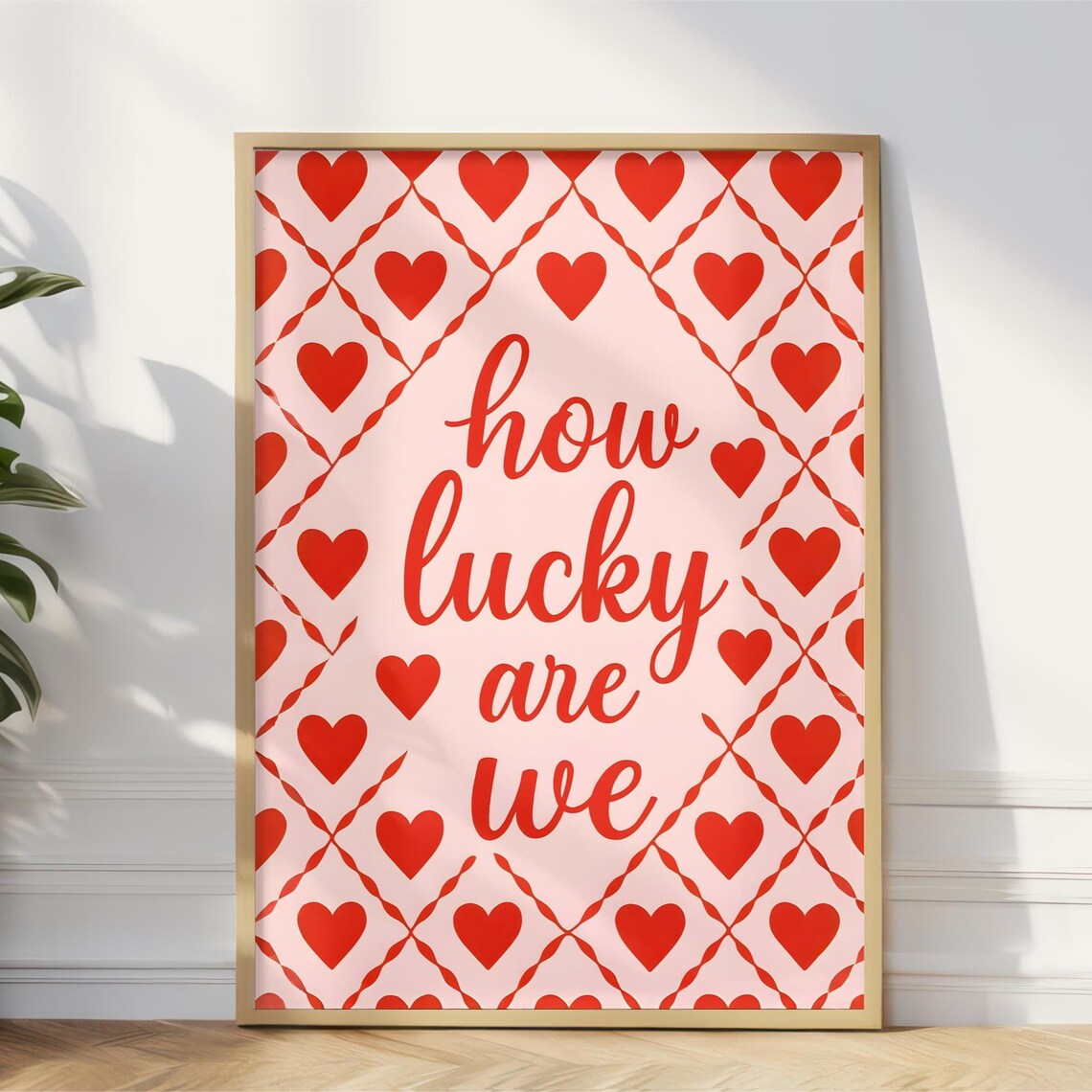 How Lucky Are We Red Hearts Romantic Anniversary Quote Wall Art
