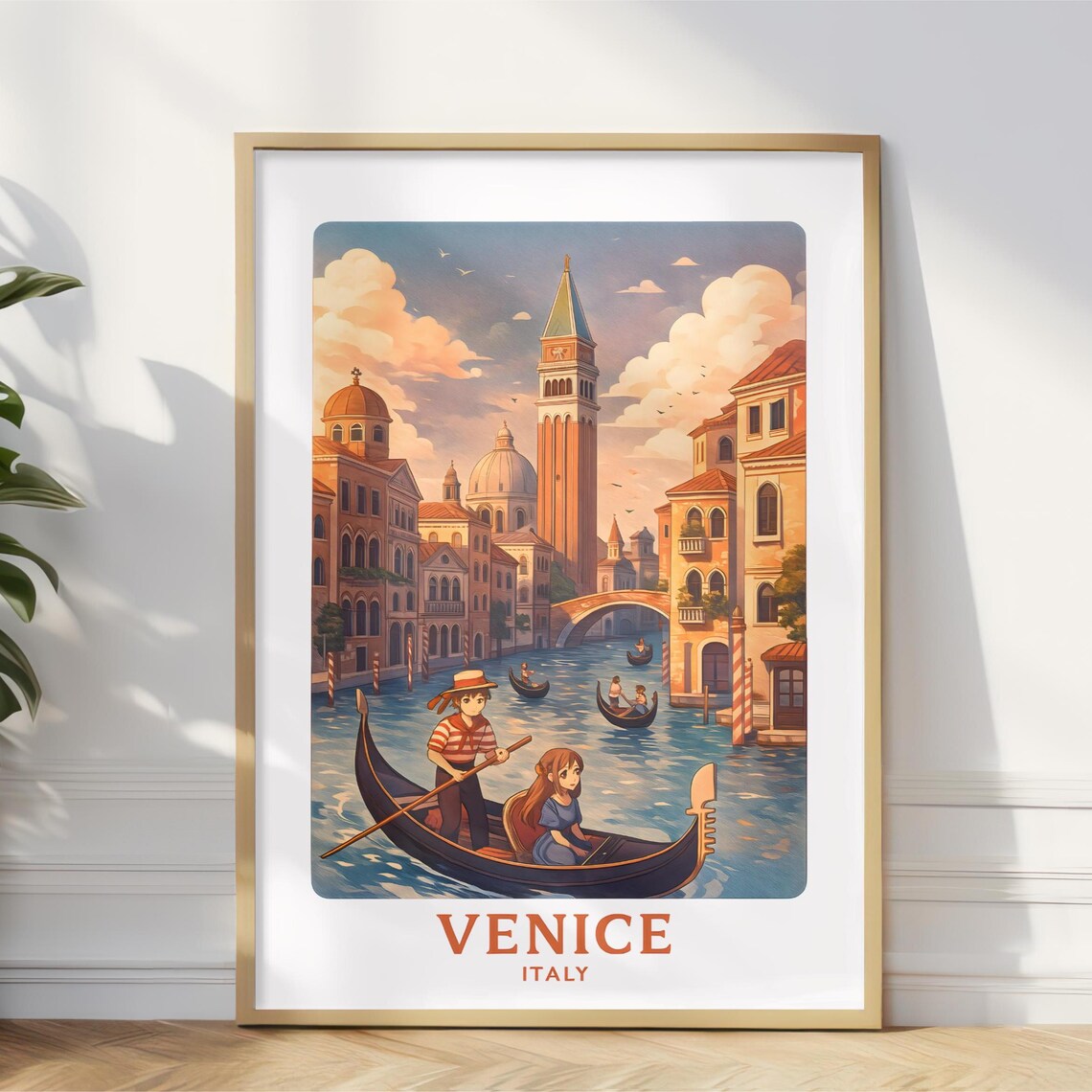 Venice Canal Gondola Anime Travel Poster Romantic Sunset Scene