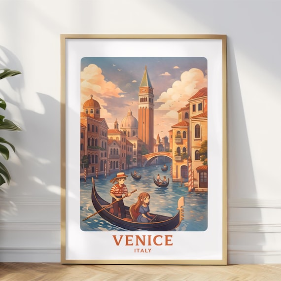 Venice Canal Gondola Anime Travel Poster Romantic Sunset Scene