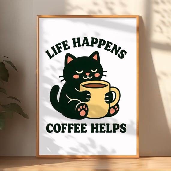 Black Cat Coffee Poster Funny Kitchen Art For Lovers