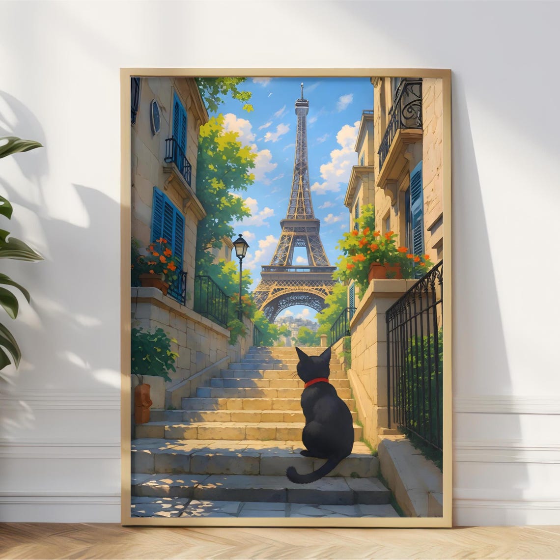 Black Cat Sitting On Paris Steps Gazing At The Eiffel Tower Art Poster
