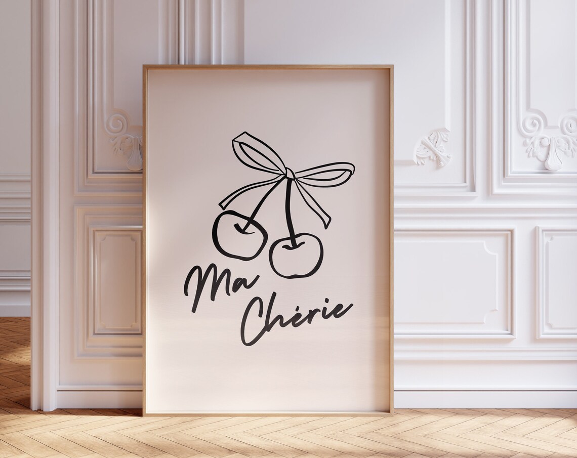 Ma Cherie Cherry French Quote Minimal Line Art Chic Kitchen Poster