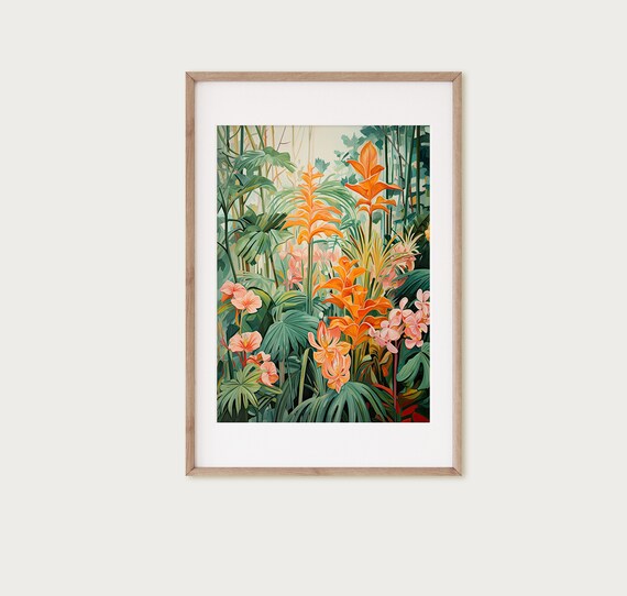 Tropical Art Print Beach House Decor Tropical Floral Art Botanical Wall Art Lush Tropical Garden Art In Orange Pink Green