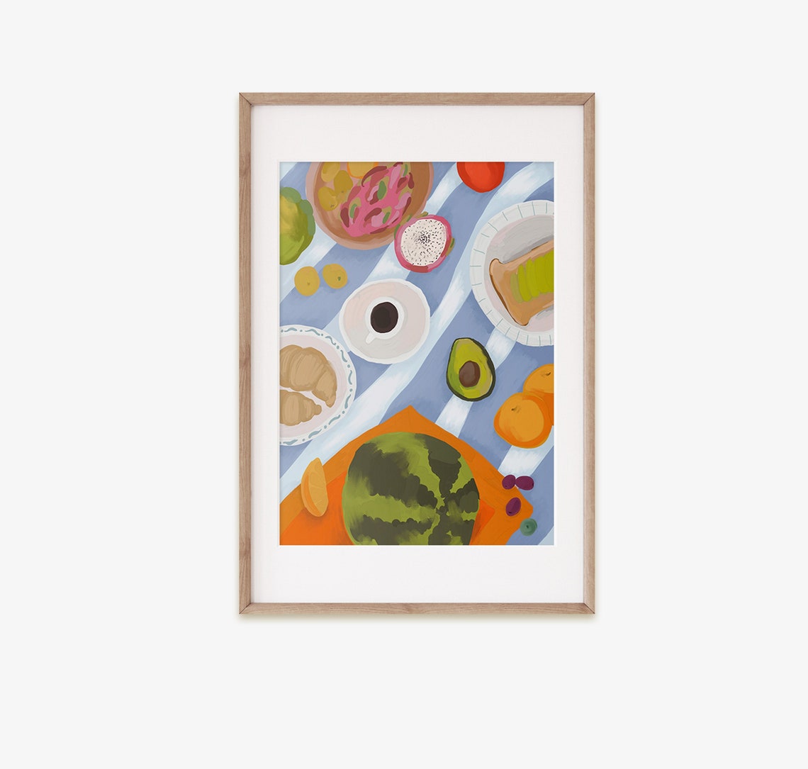 Top Down Breakfast Spread Watermelon Avocado Coffee Poster Art Decor