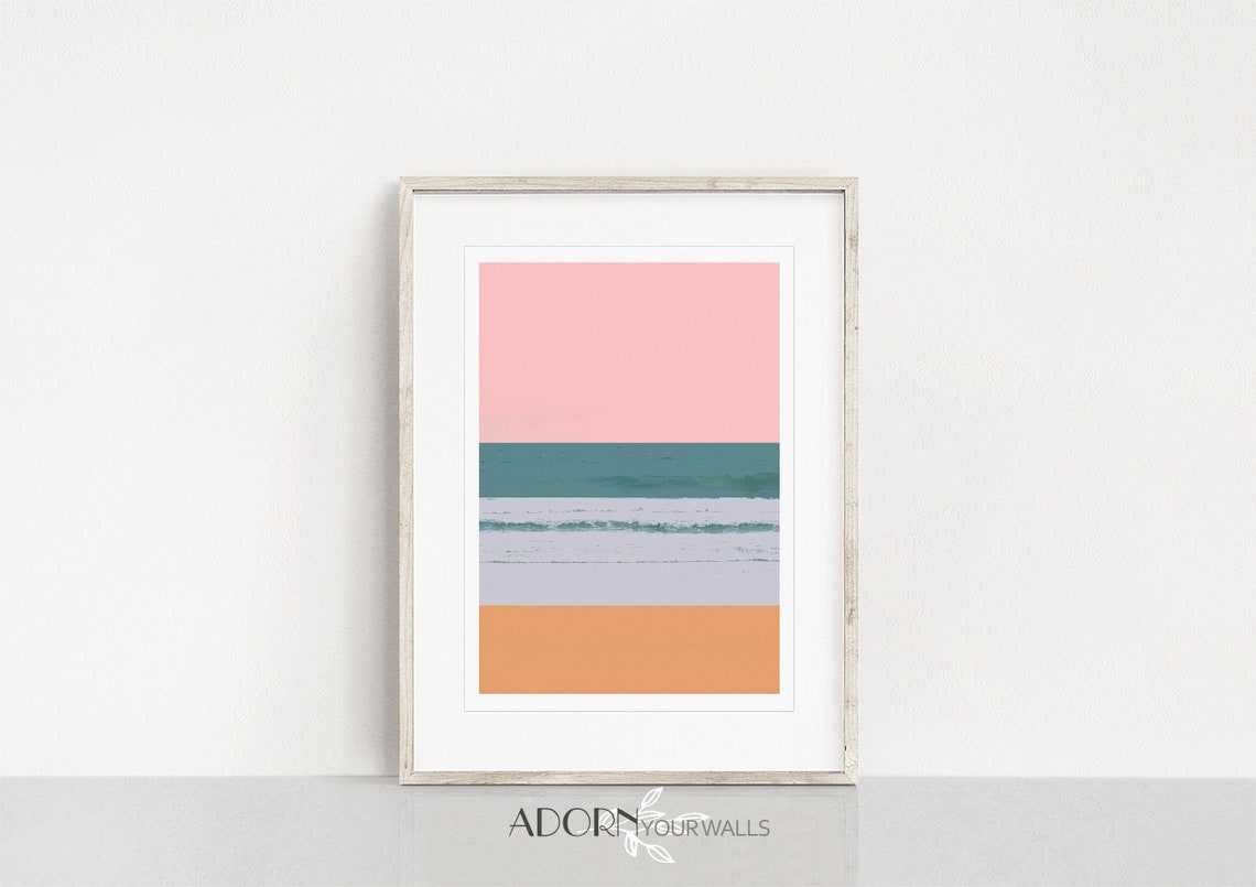 Pink Sky Teal Sea Striped Minimalist Beach Landscape Wall Art