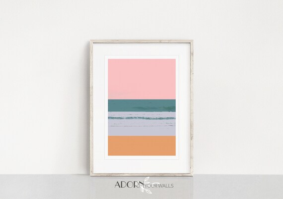Pink Sky Teal Sea Striped Minimalist Beach Landscape Wall Art