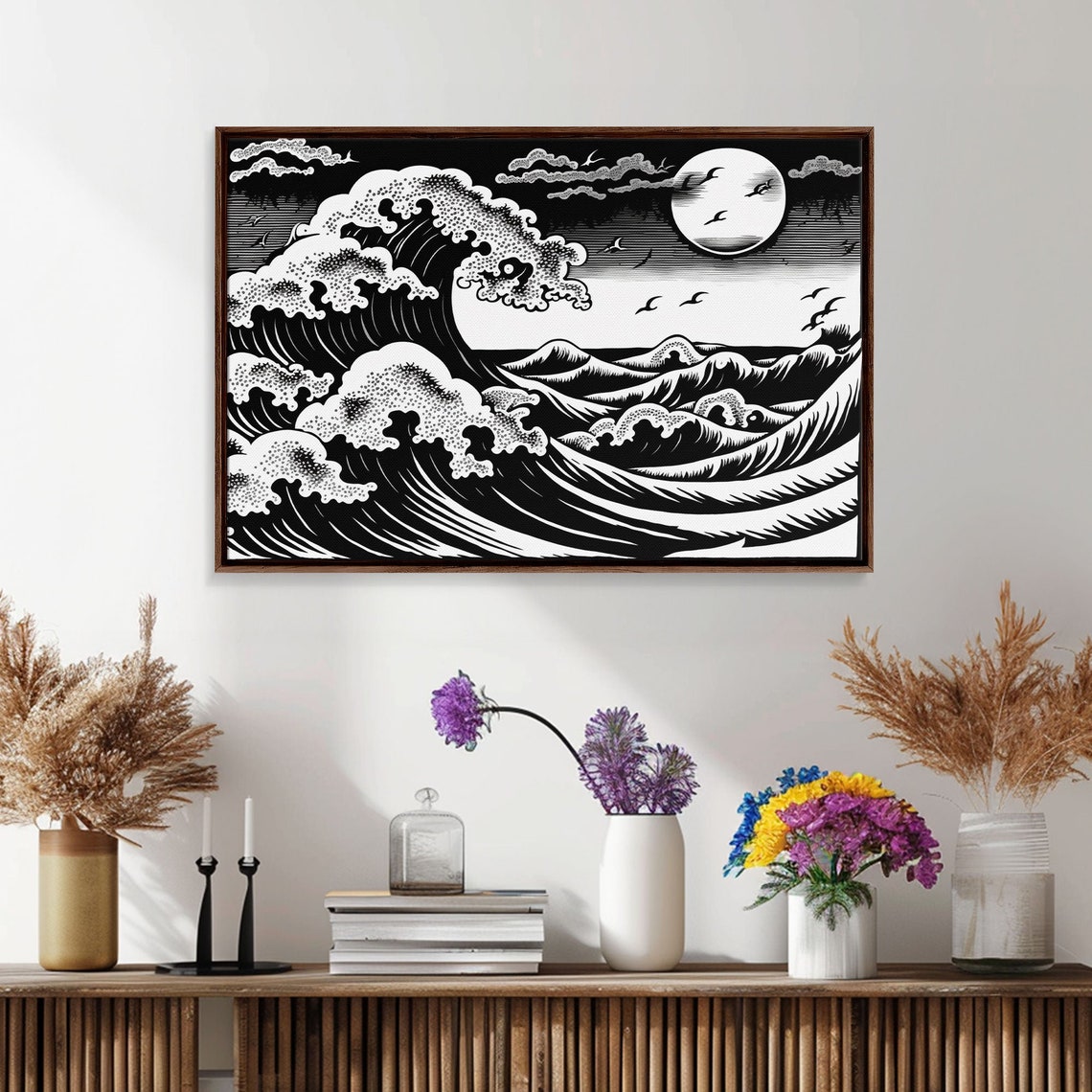 Great Wave Moonlit Ocean Black White Japanese Woodblock Style Poster