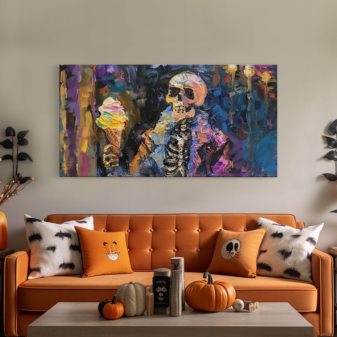 Skeleton Eating Ice Cream Cone Colorful Impasto Halloween Art Print - Image 5