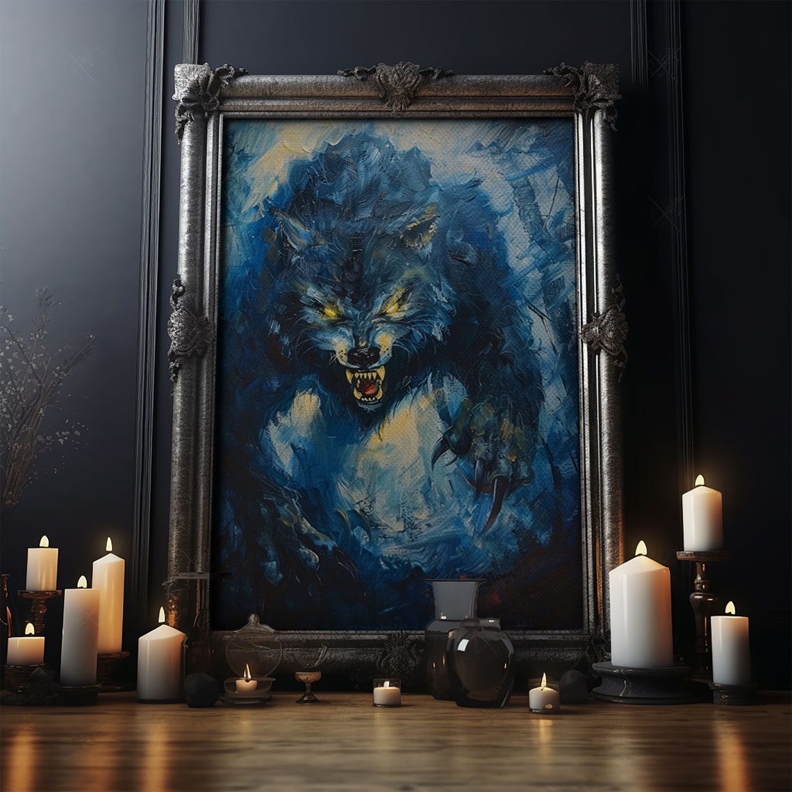 Ferocious Werewolf Snarling In Dark Forest Blue Oil Painting Print - Image 5