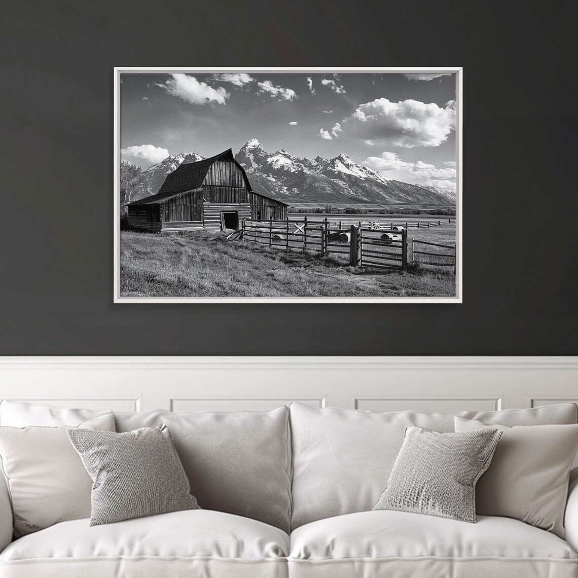 Old Barn Snowy Mountain Peaks Black White Farm Landscape Poster - Image 4