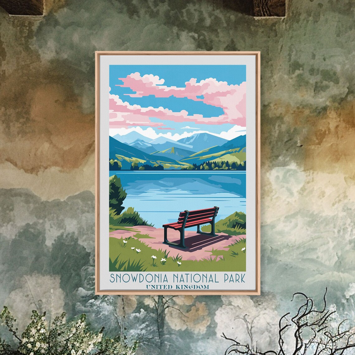 Snowdonia National Park Wales Lake View Lakeside Bench Pink Clouds Poster - Image 5