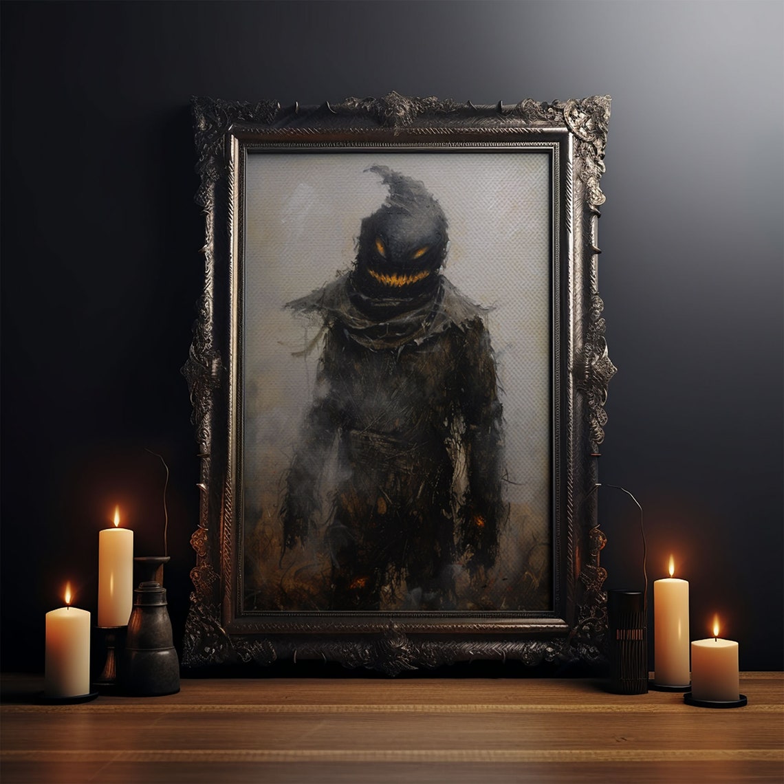 Scarecrow With Glowing Eyes In Dark Misty Field Spooky Art Poster - Image 4