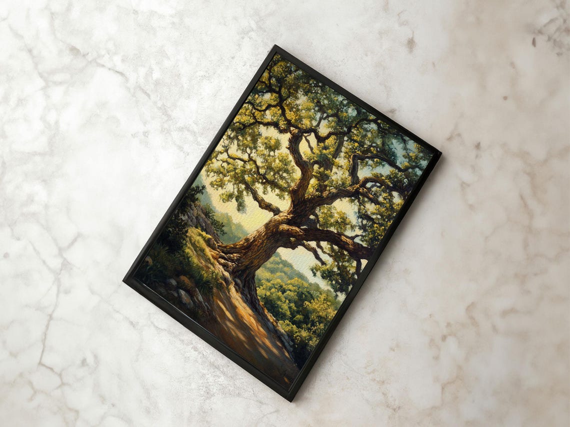 Majestic Oak Tree Sunlit Hillside Rustic Landscape Oil Painting Poster