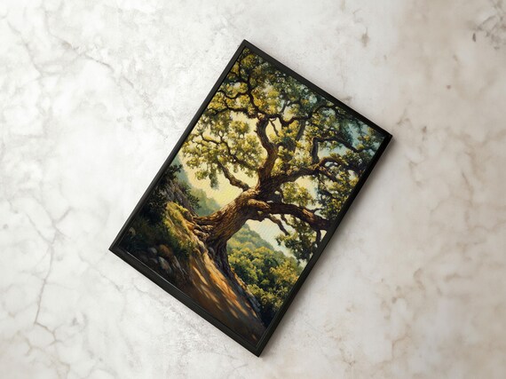 Majestic Oak Tree Framed Print Rustic Landscape Painting Oak Tree Art Above Couch Decor Living Room Wall Art Gift Idea