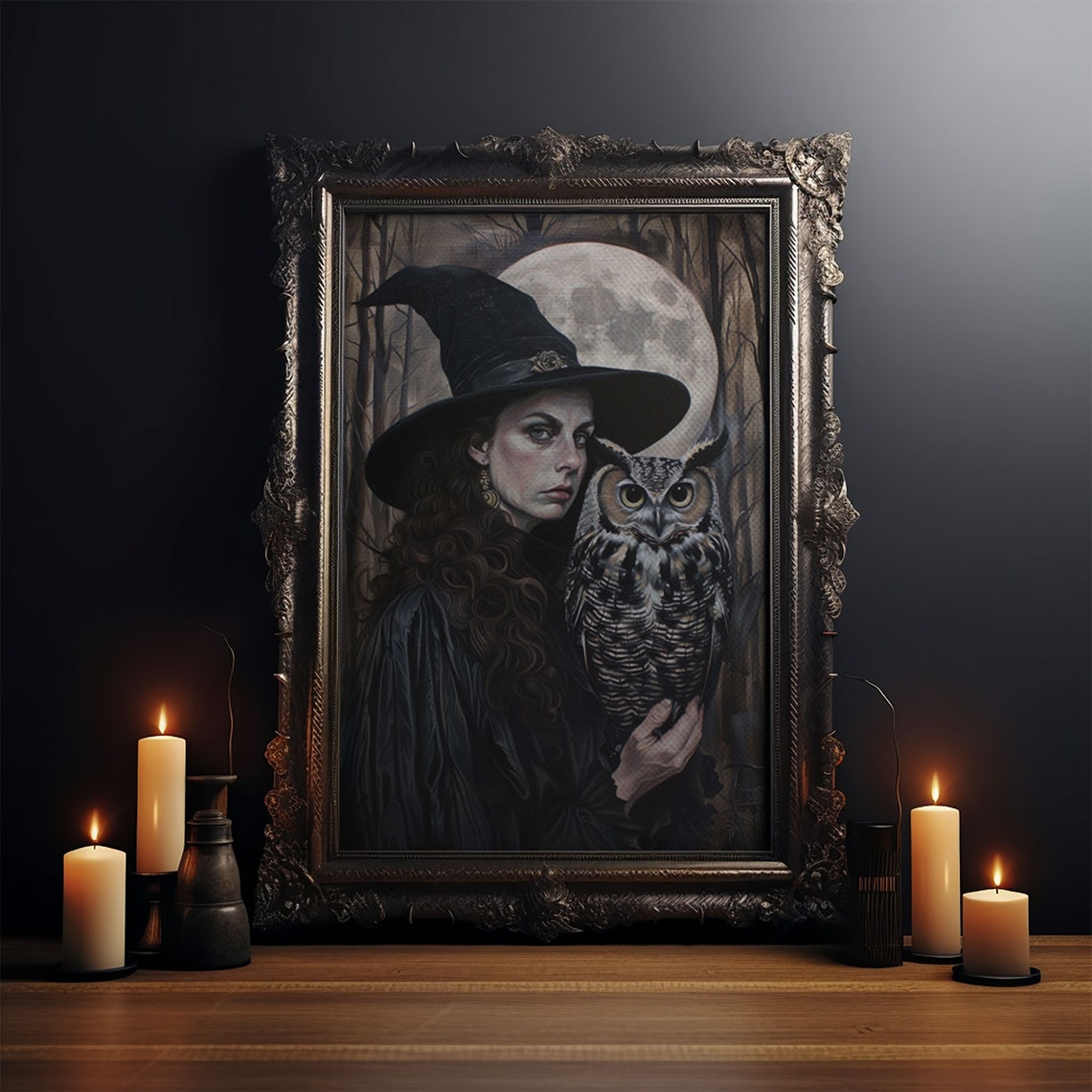 Dark Witch Holding Wise Owl Under Full Moon Gothic Portrait Poster - Image 4