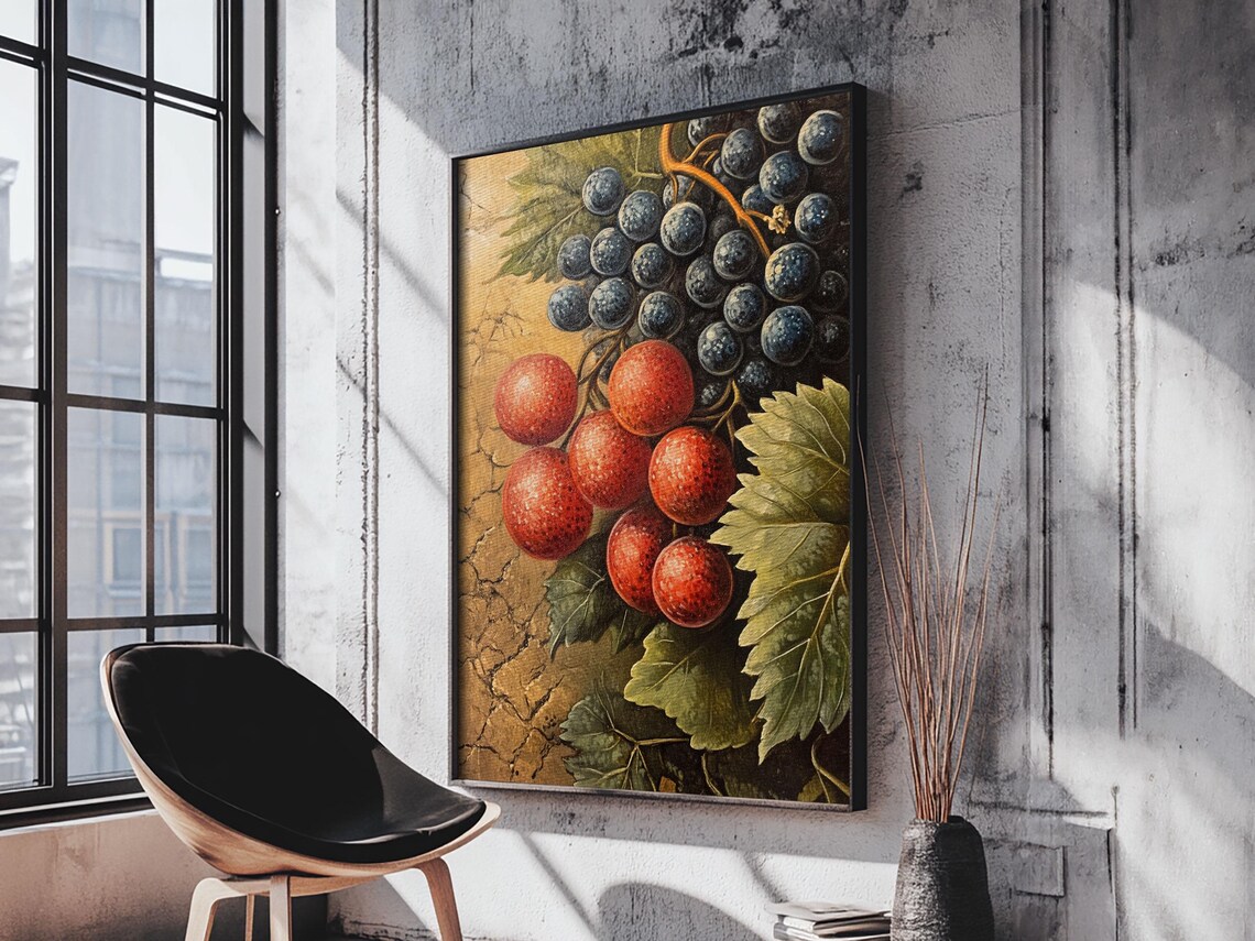 Antique Red And Blue Grape Vine Fruit Still Life Oil Painting Poster - Image 5