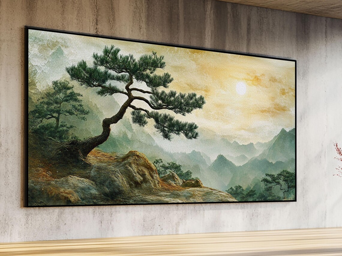 Pine Tree Mountain Sunset Misty Valley Zen Nature Landscape Wall Art Poster - Image 2