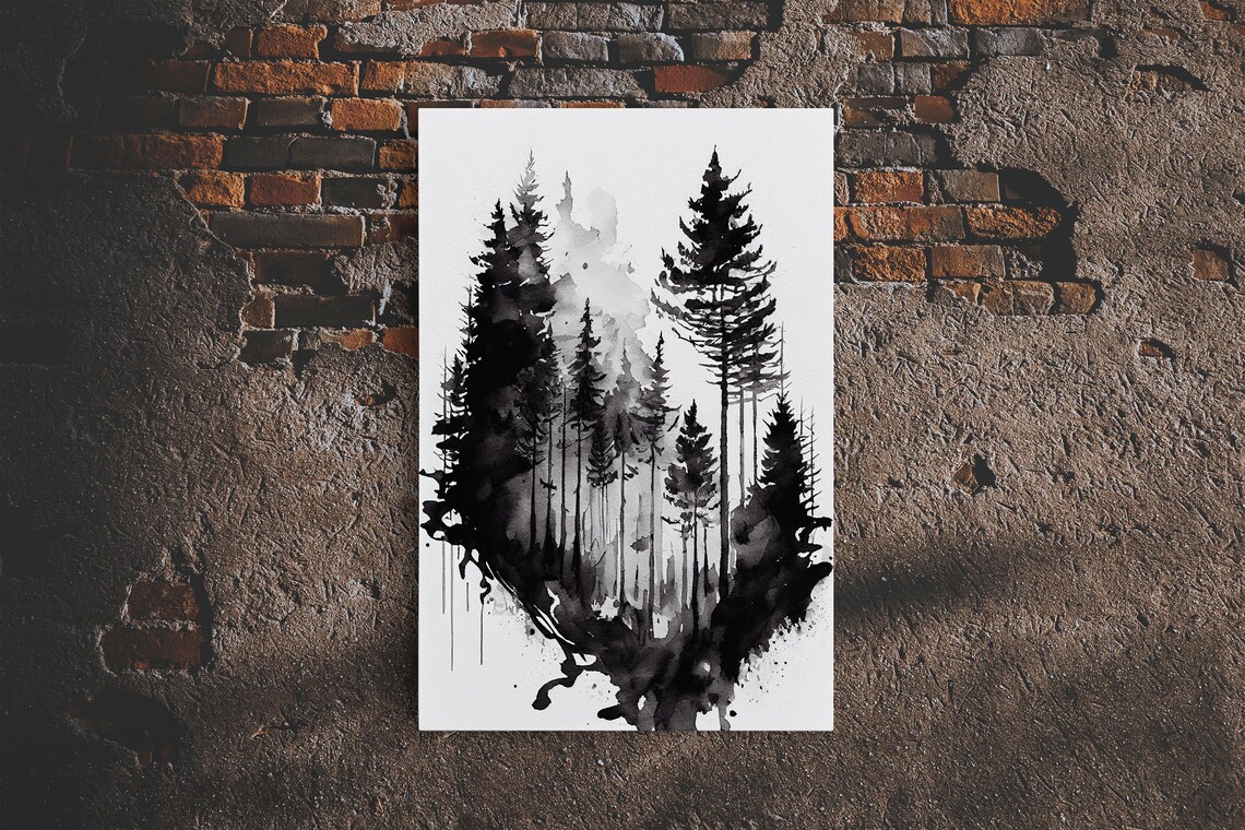 Black And White Forest Watercolor Wall Art Print