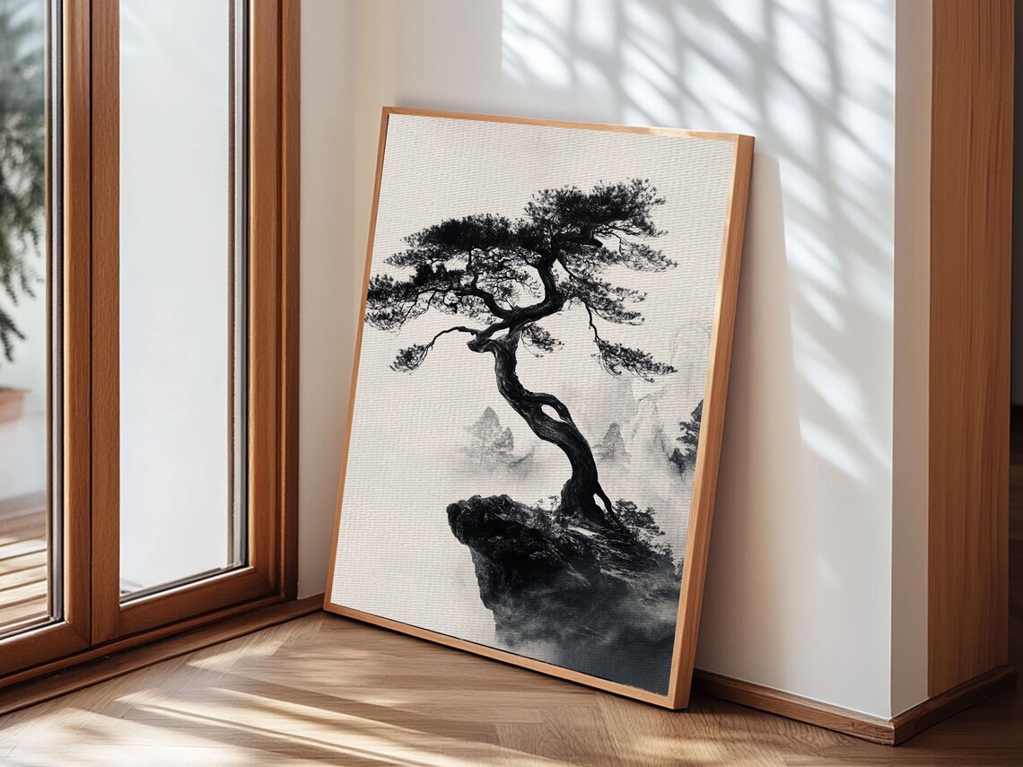 Bonsai Tree on a Cliff, Wabi-Sabi Japanese Art Print - Image 5