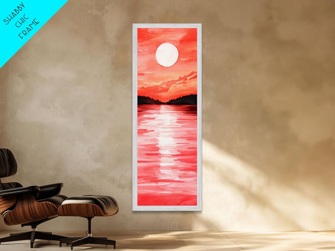 Coral Sunset Ocean Watercolor Painting Big Sun Seascape Vertical Poster - Image 3