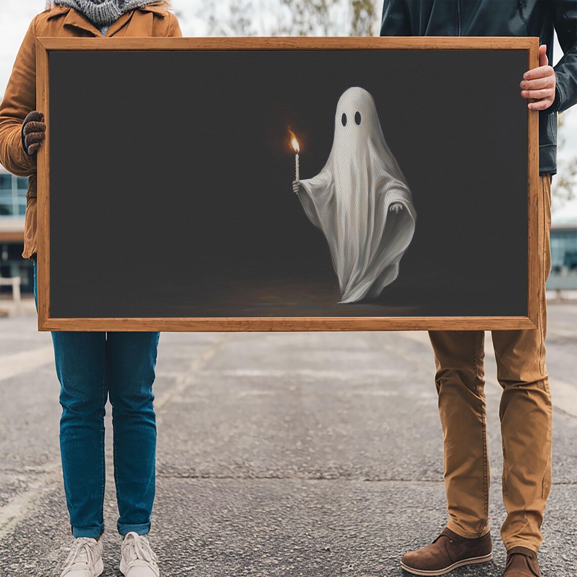Cute Ghost Holding Candle Dark Background Oil Painting Halloween Poster - Image 3