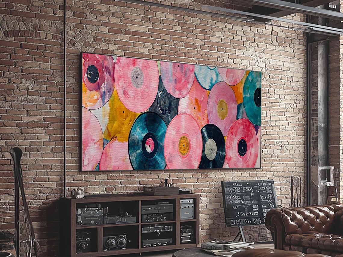 Colorful Vinyl Records Wide Horizontal Retro Pink Teal Music Art Poster - Image 4