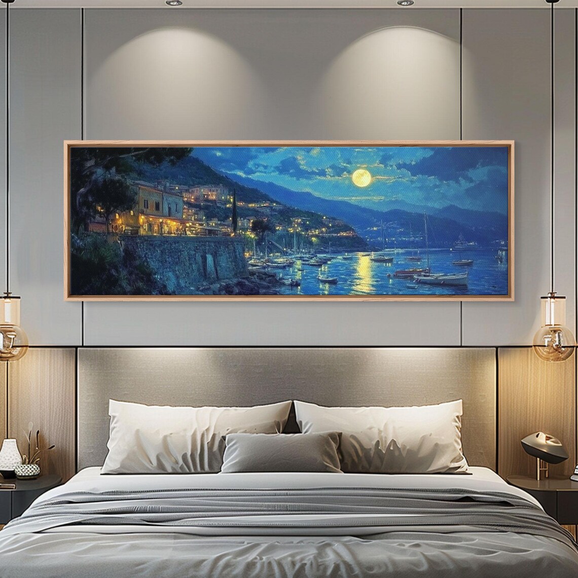 Greek Fishing Village Under Full Moon Midnight Harbor Seascape Poster - Image 4