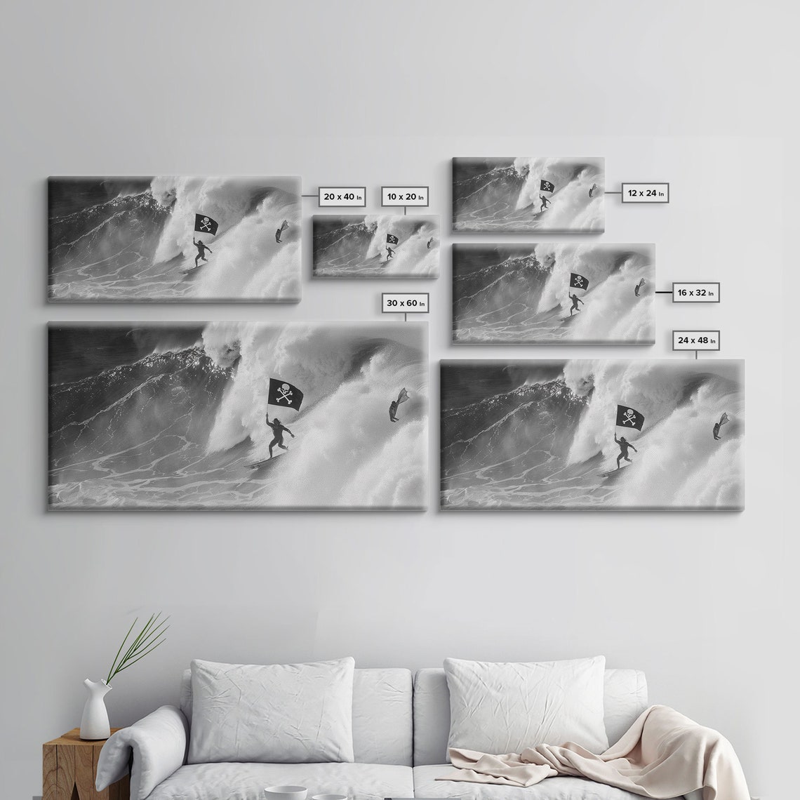 Surfer Waving A Skull And Crossbones Flag While Surfing Framed Print Cool Modern Art Office Mancave Decor Gift For Him - Image 2
