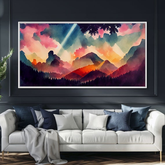 Mountain Artwork Print Horizontal Wall Art Large Watercolor Painting Panoramic Mountain Print Modern Landscape Art Original Art