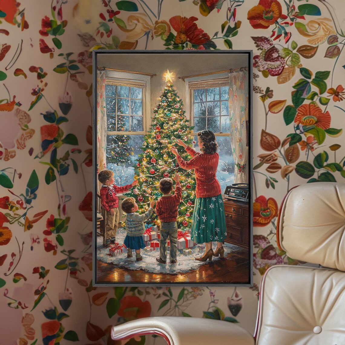 Retro Family Decorating Christmas Tree In Living Room Poster - Image 2