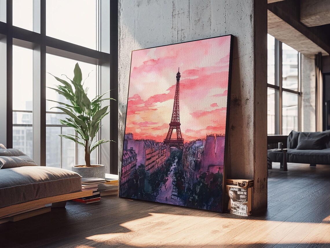 Eiffel Tower Sunset Paris Street Watercolor Romantic Skyline Poster - Image 2