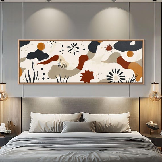1950s Style Abstract Wall Art Panoramic Print Random Geometric Patterns In Earthy Tones Boho Inspired Vintage Home Decor
