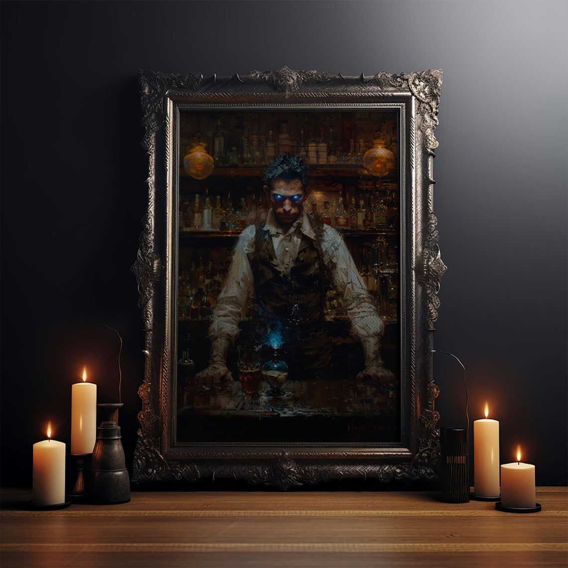 Mysterious Bartender With Glowing Eyes Behind Haunted Bar Poster - Image 4