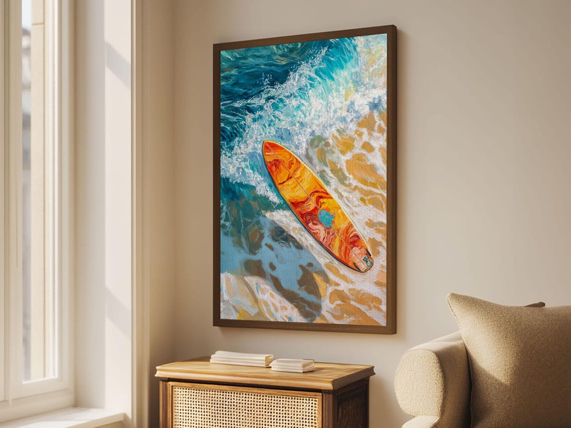 Orange Surfboard Floating Turquoise Ocean Aerial Beach Surf Art Poster