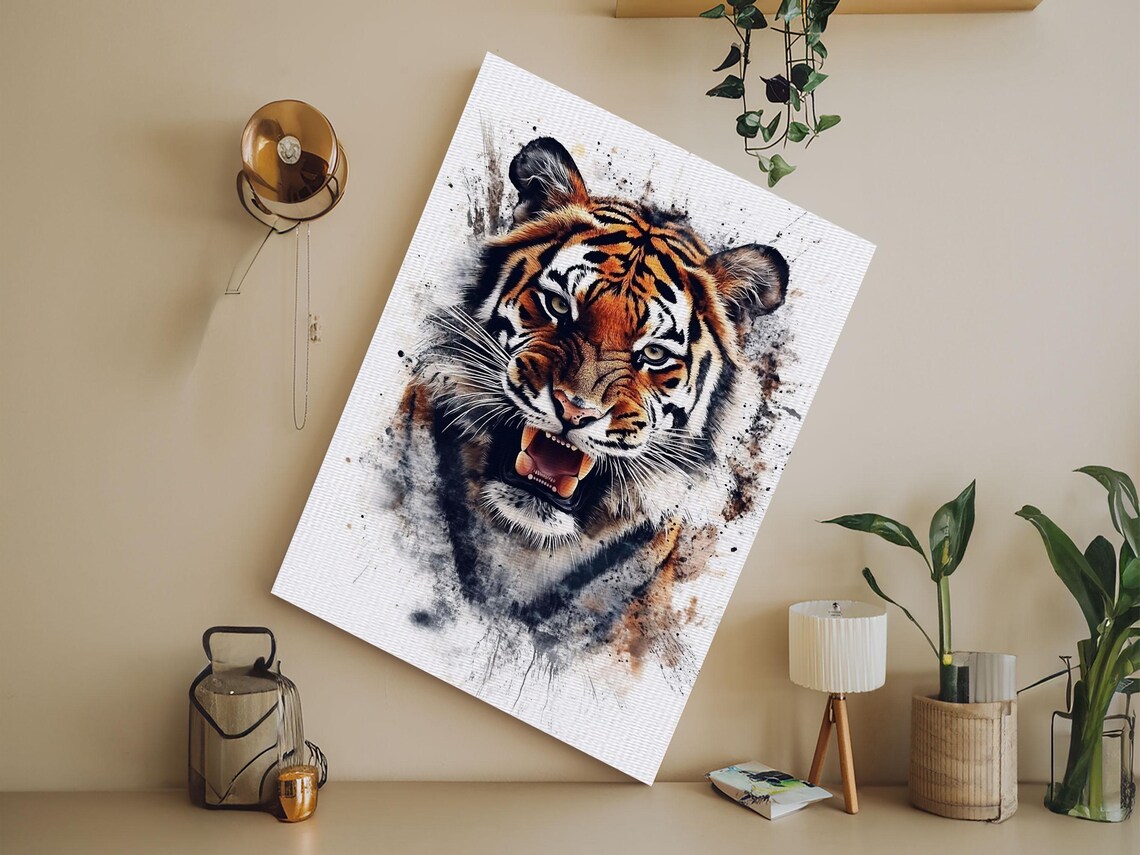 Tiger Portrait Snarling Wild Watercolor Splash Big Cat Jungle Art Poster - Image 6