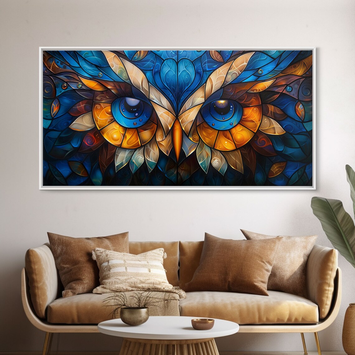 Stained Glass Owl Eyes Close Up Blue Gold Mosaic Face Art Poster - Image 6