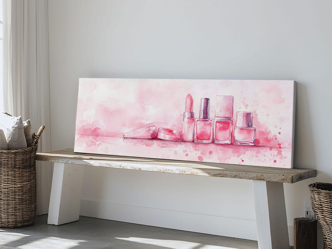 Pink Watercolor Makeup Lipstick Nail Polish Vanity Wall Art Poster - Image 6