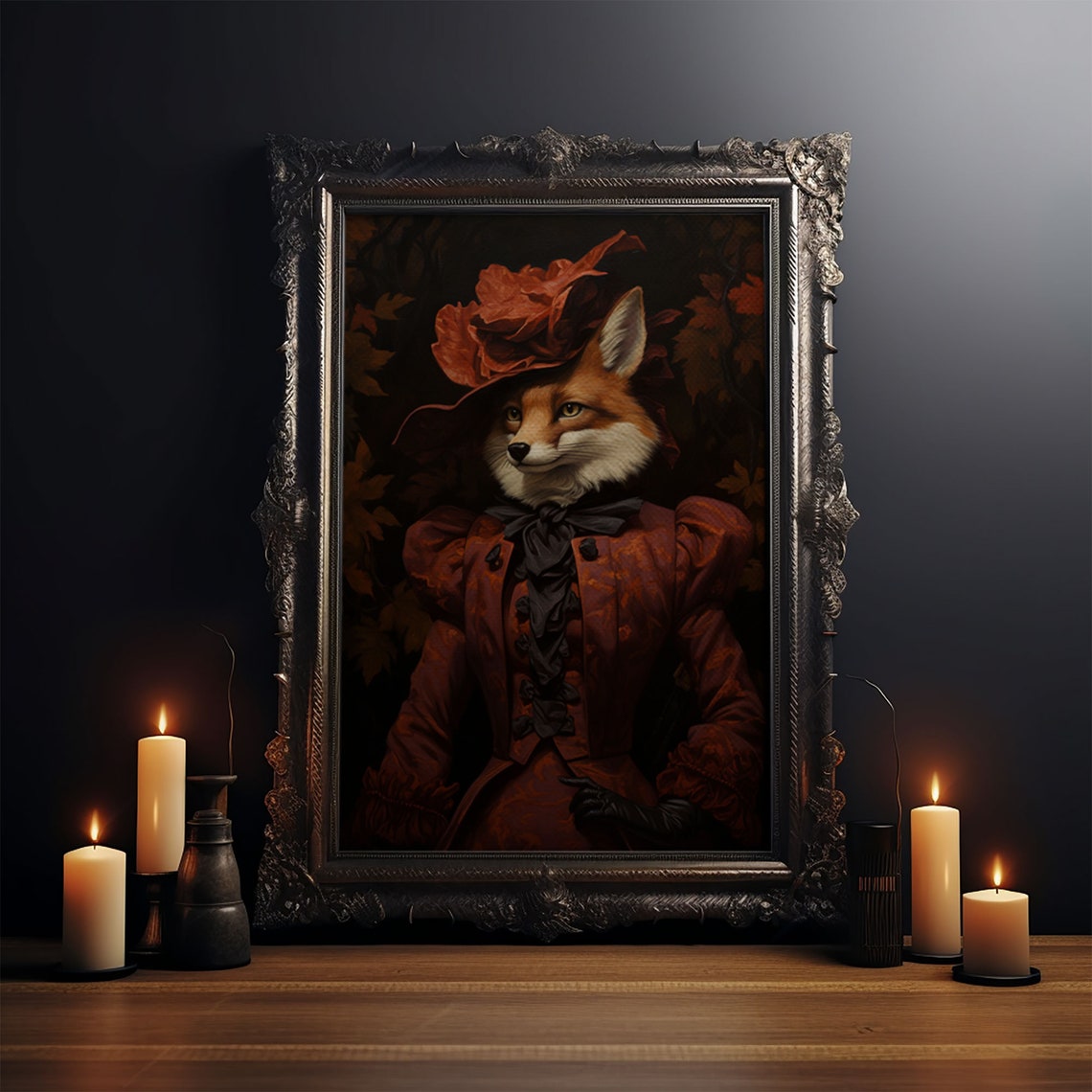 Victorian Lady Fox In Red Gown And Leaf Hat Animal Portrait Print - Image 3