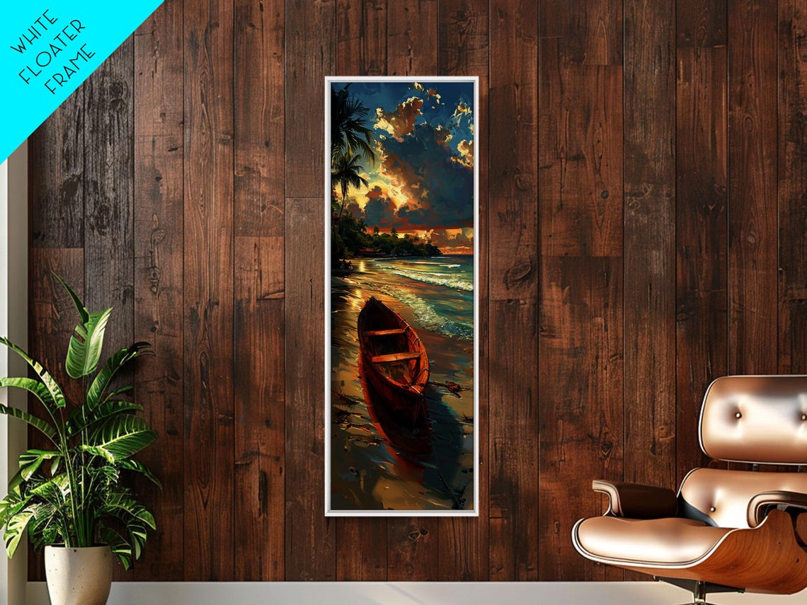 Red Boat Tropical Shoreline Sunset Palms Dramatic Clouds Art Poster - Image 2
