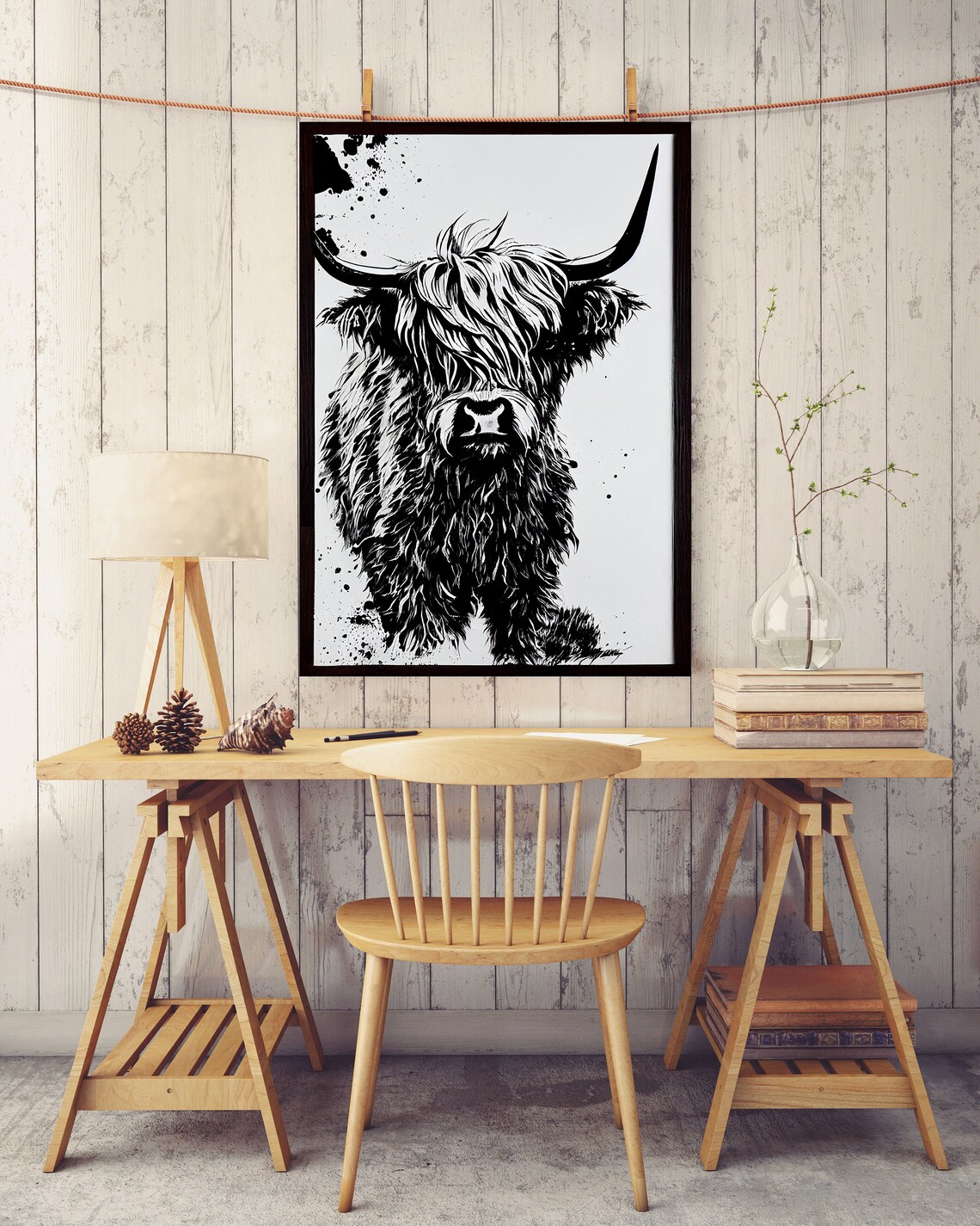 Highland Cow Sketch Ink Portrait Black White Shaggy Farm Poster - Image 6