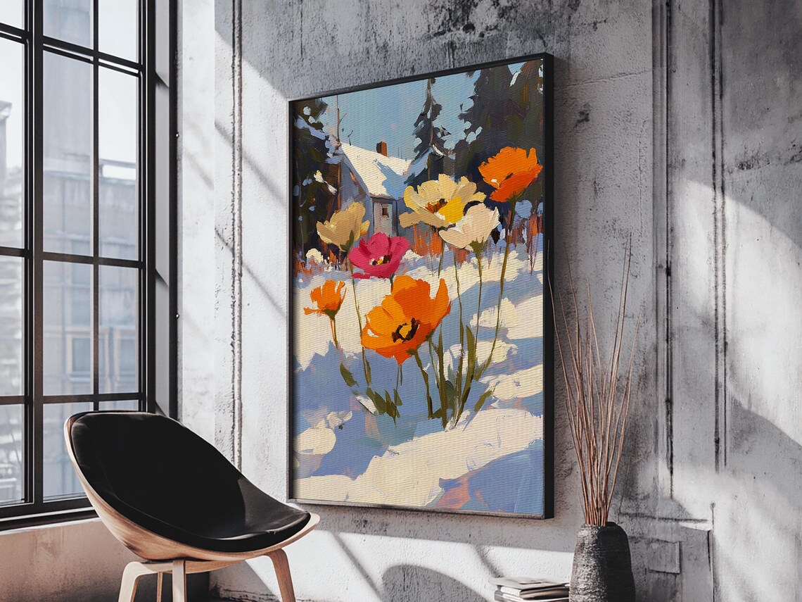 Wildflowers In Snow Orange Poppies Winter Cottage Art Poster - Image 2