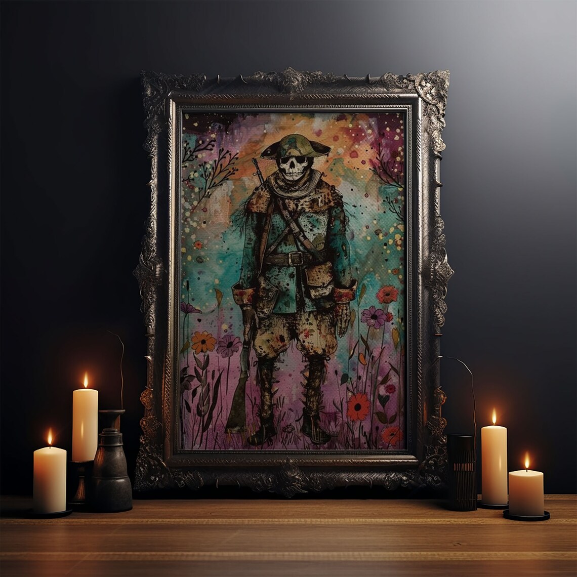 Skeleton Soldier Colorful Flower Field Spooky Halloween Art Poster - Image 3